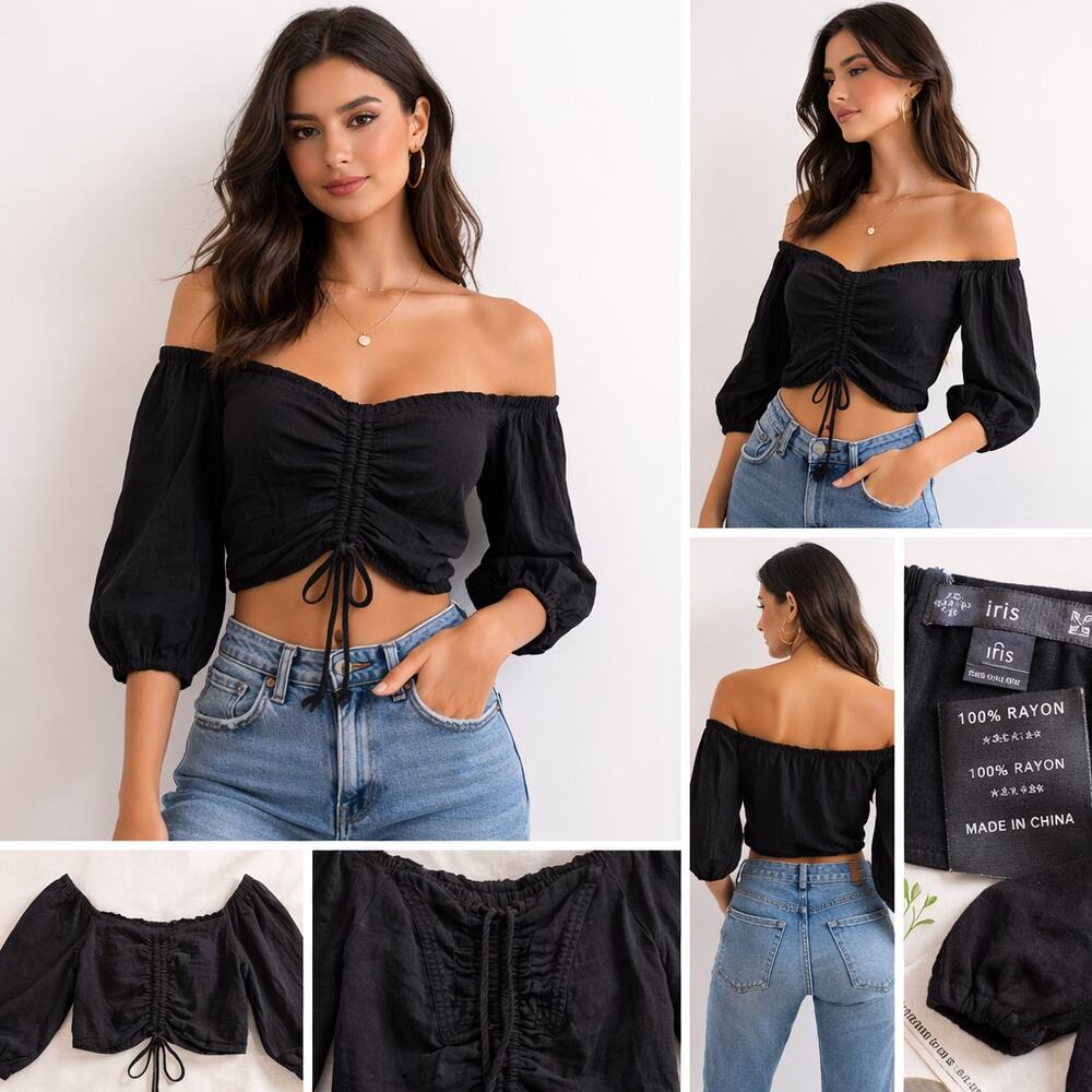 Iris Black Off Shoulder Crop Top Puff Sleeve Ruched Tie Front Sz S